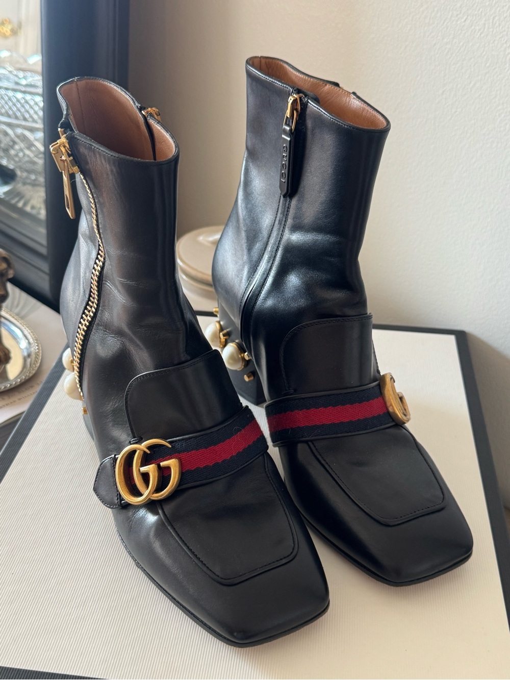Gucci Black Leather Ankle Boots with Gold GG and Pearl Heel Accents - Picture 5 of 14